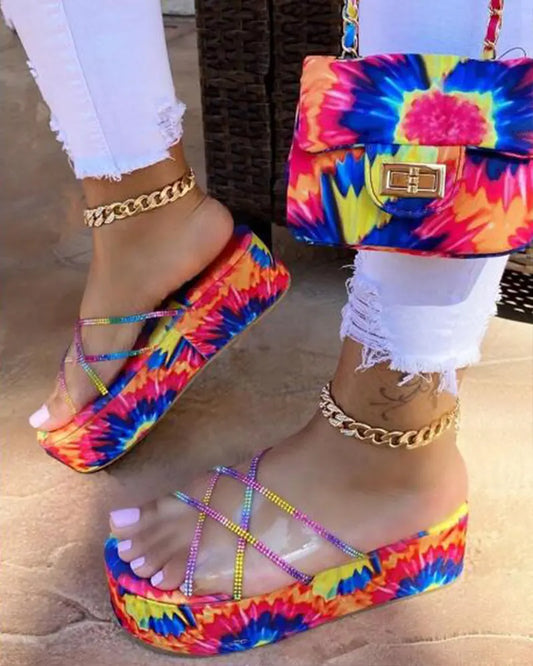 Tie Dye Print Clear Perspex Rhinestone Slippers