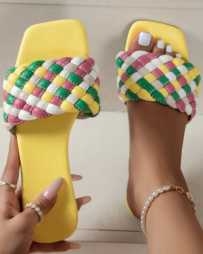 Wide Braided Strap Square Toe Slippers