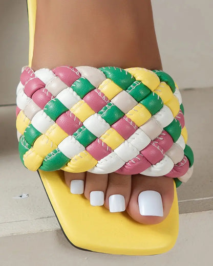 Wide Braided Strap Square Toe Slippers